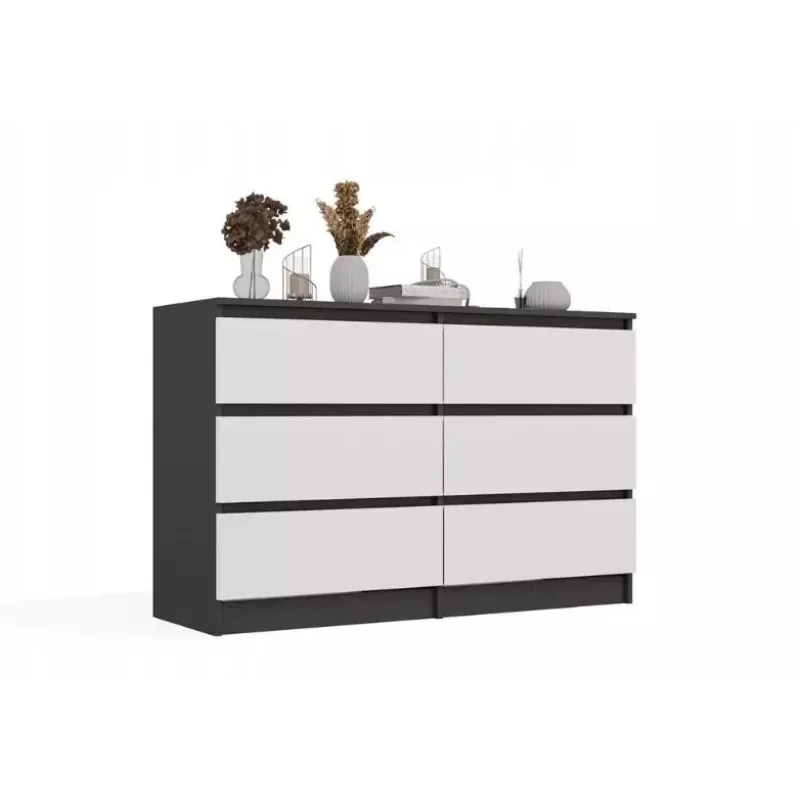 Komoda Top E Shop MALWA M6 120 cm, 6 stalčiai, antracito rėmas, balti fasadai
