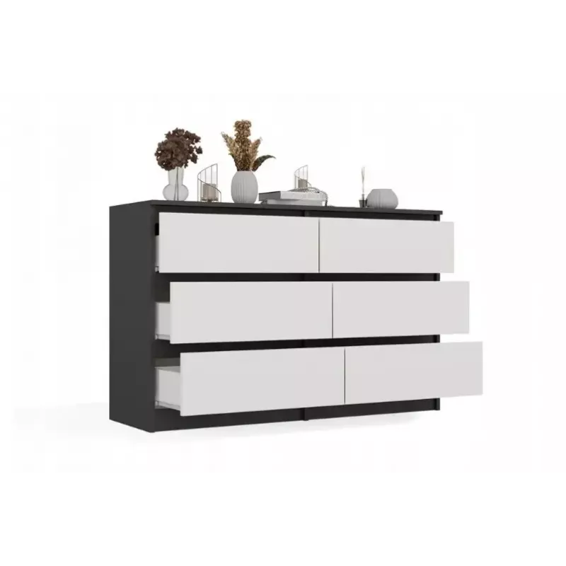 Komoda Top E Shop MALWA M6 120 cm, 6 stalčiai, antracito rėmas, balti fasadai