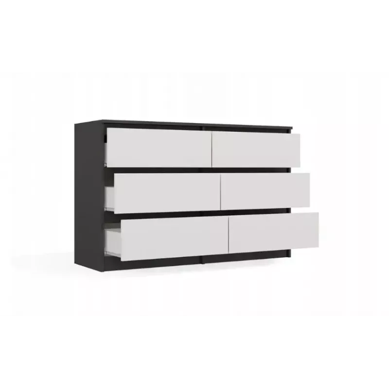 Komoda Top E Shop MALWA M6 120 cm, 6 stalčiai, antracito rėmas, balti fasadai