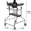 Reabilitacinis aukštas vaikštynėlis ActionMed B200AM — stovėjimo atrama su sėdyne, 4 ratai, reguliuojamas aukštis 100–125 cm, maks. apkrova 120 kg, rėmo plotis 65 cm
