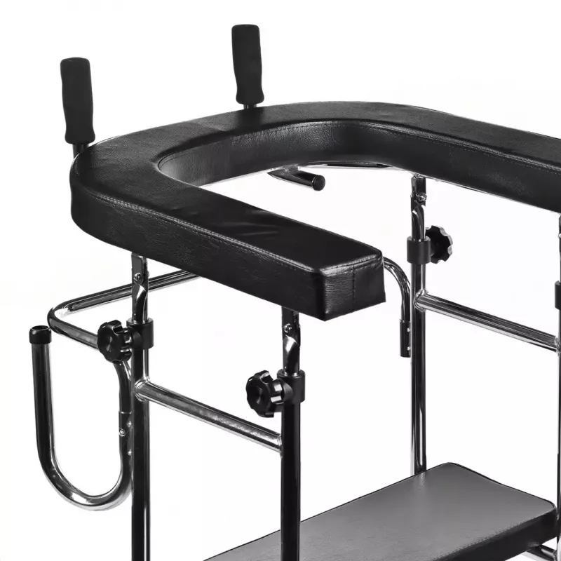 Reabilitacinis aukštas vaikštynėlis ActionMed B200AM — stovėjimo atrama su sėdyne, 4 ratai, reguliuojamas aukštis 100–125 cm, maks. apkrova 120 kg, rėmo plotis 65 cm