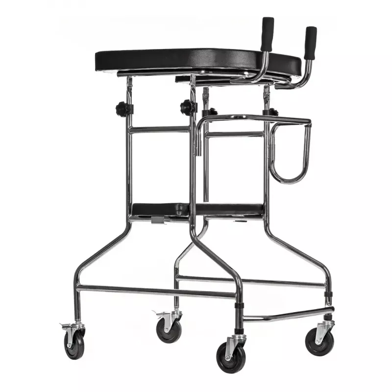 Reabilitacinis aukštas vaikštynėlis ActionMed B200AM — stovėjimo atrama su sėdyne, 4 ratai, reguliuojamas aukštis 100–125 cm, maks. apkrova 120 kg, rėmo plotis 65 cm