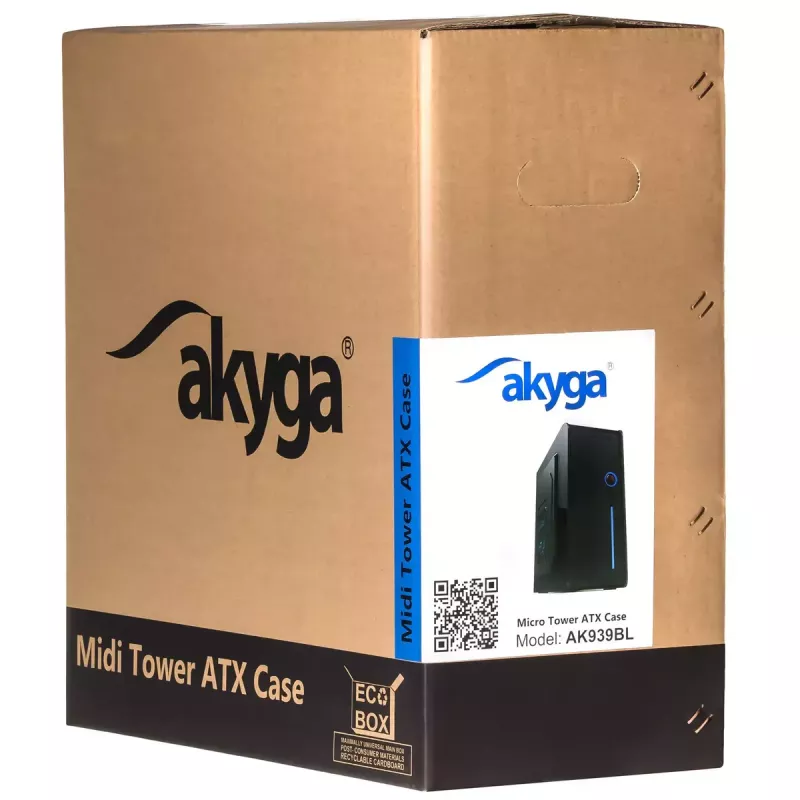 PC korpusas Akyga AK939BL Midi Tower — ATX/Micro-ATX palaikymas, 3×3,5 colio + 3×2,5 colio nišos, GPU iki 385 mm, USB 2.0