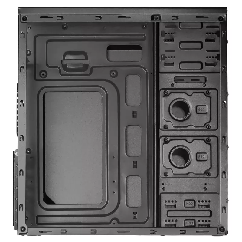 PC korpusas Akyga AK939BL Midi Tower — ATX/Micro-ATX palaikymas, 3×3,5 colio + 3×2,5 colio nišos, GPU iki 385 mm, USB 2.0
