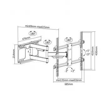 TV sieninis laikiklis Cabletech LEC-UCH0205, skirtas 37–70 colių ekranams, VESA 600x400, apkrova 60 kg, juodas