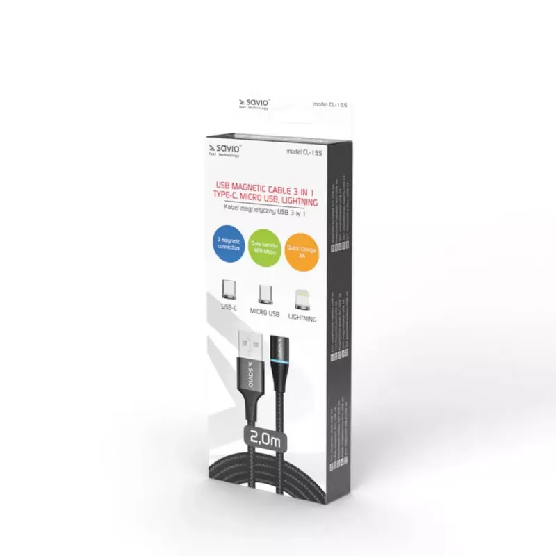 USB 2.0 laidas SAVIO CL-155, USB A į keičiamą USB-C / Micro-USB B / Lightning, 2 m, juodas