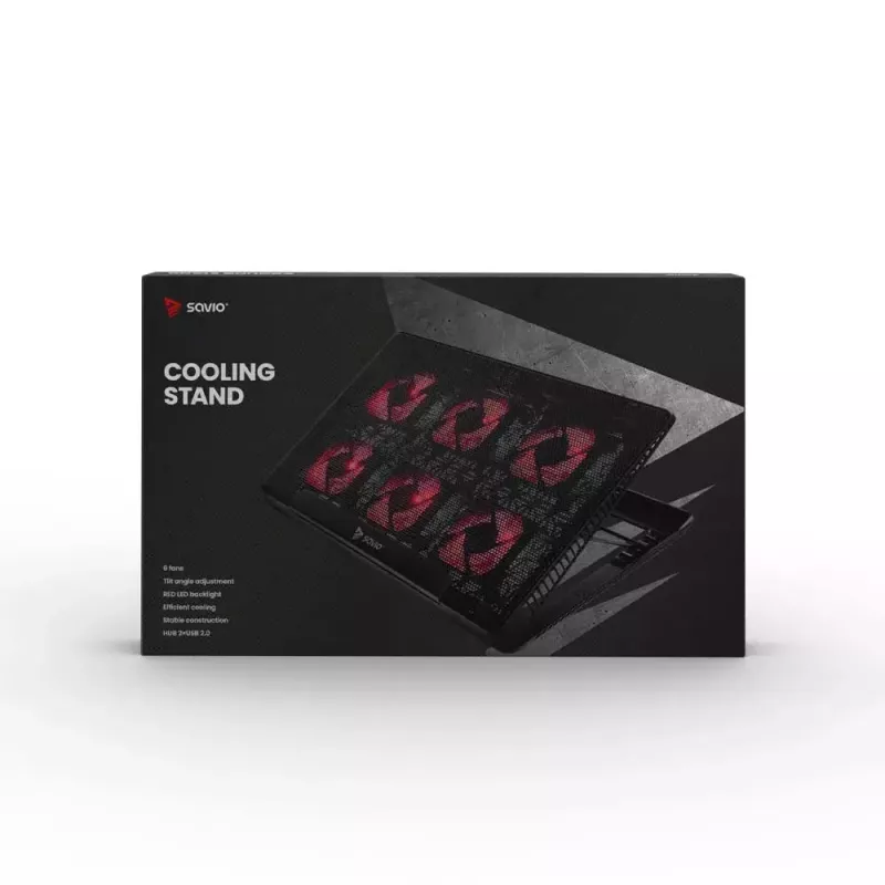 Aušinimo padėklas nešiojamam kompiuteriui SAVIO COS-01 su 6 apšviestais ventiliatoriais 2000 RPM, USB 2.0, ekranams iki 17,3 colio
