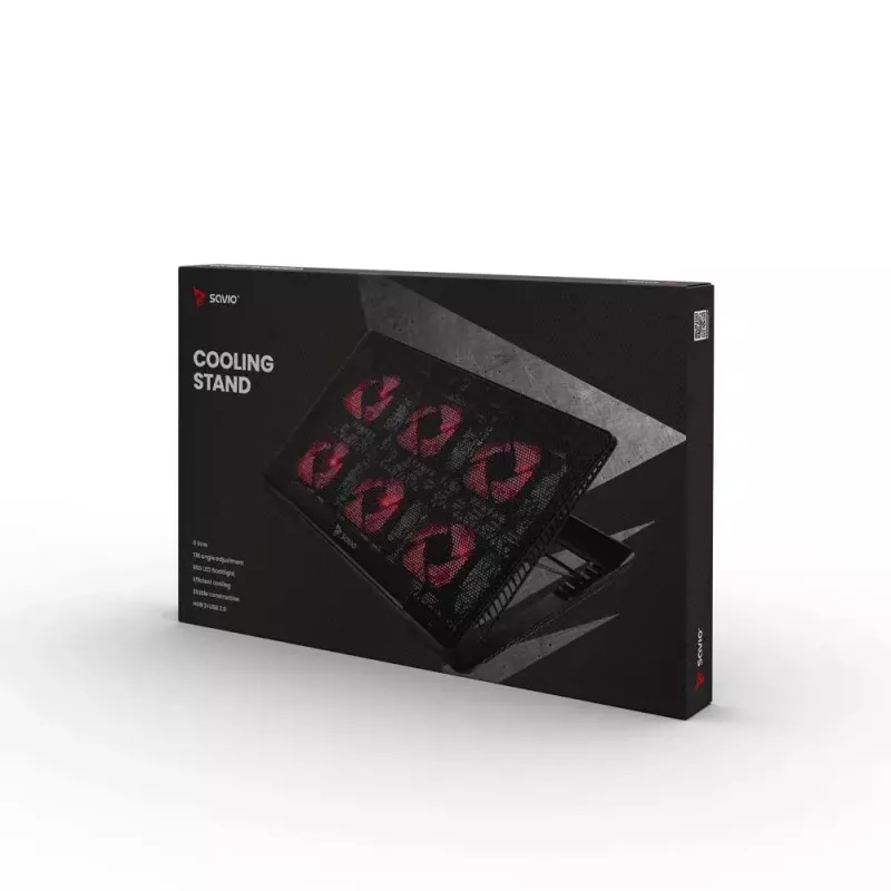 Aušinimo padėklas nešiojamam kompiuteriui SAVIO COS-01 su 6 apšviestais ventiliatoriais 2000 RPM, USB 2.0, ekranams iki 17,3 colio