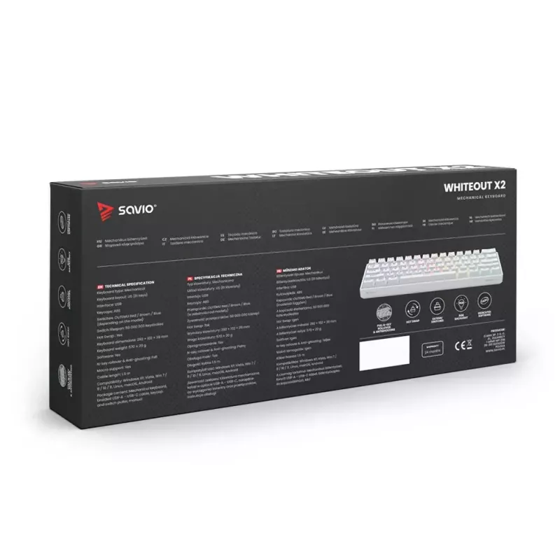 Savio WHITEOUT X2 RED žaidimų klaviatūra USB QWERTY mechaninė 61 klavišas