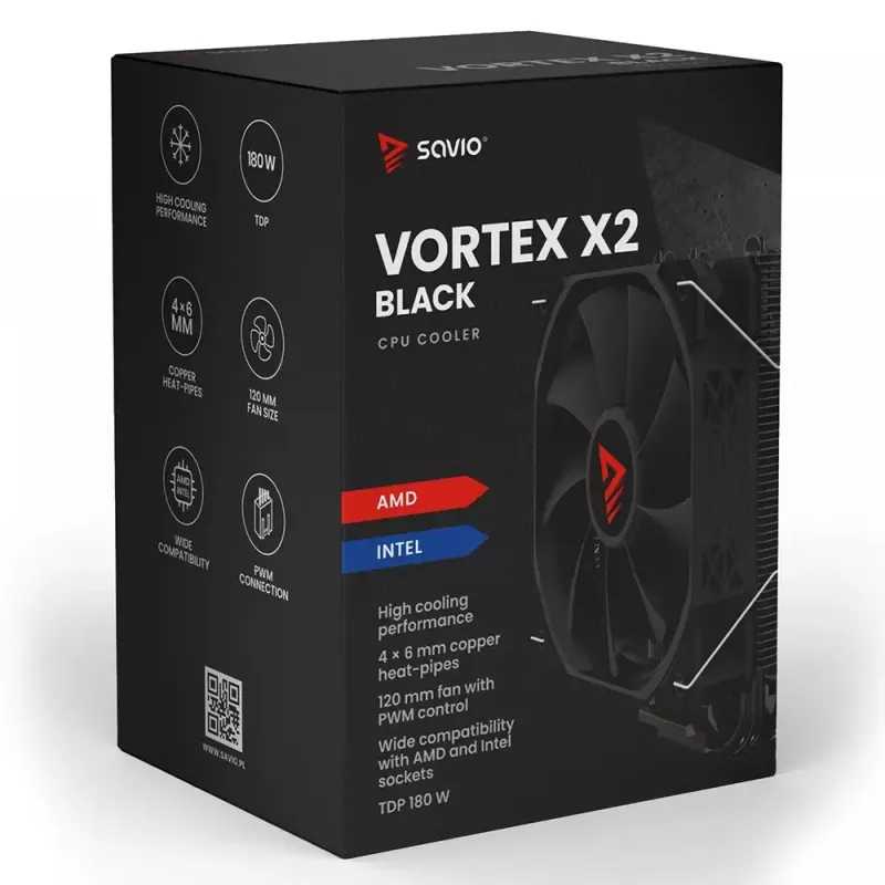 CPU oro aušintuvas SAVIO Vortex X2 Juoda – 120 mm ventiliatorius, 157 mm aukštis, PWM, suderinamas su LGA 2066