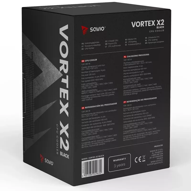 CPU oro aušintuvas SAVIO Vortex X2 Juoda – 120 mm ventiliatorius, 157 mm aukštis, PWM, suderinamas su LGA 2066