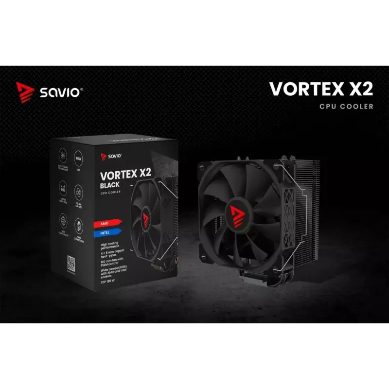 CPU oro aušintuvas SAVIO Vortex X2 Juoda – 120 mm ventiliatorius, 157 mm aukštis, PWM, suderinamas su LGA 2066