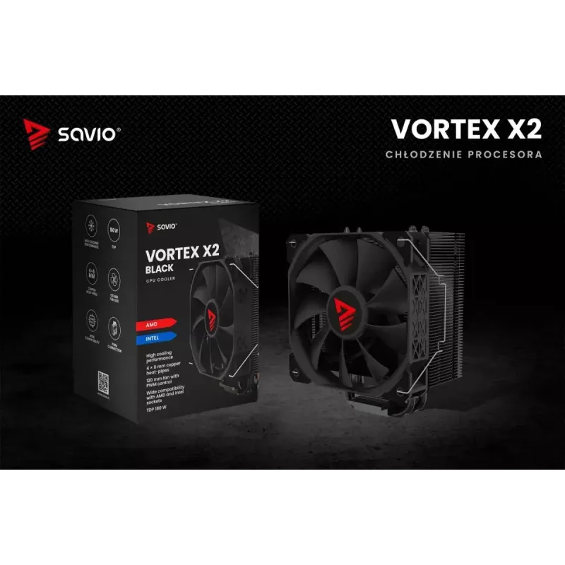 CPU oro aušintuvas SAVIO Vortex X2 Juoda – 120 mm ventiliatorius, 157 mm aukštis, PWM, suderinamas su LGA 2066