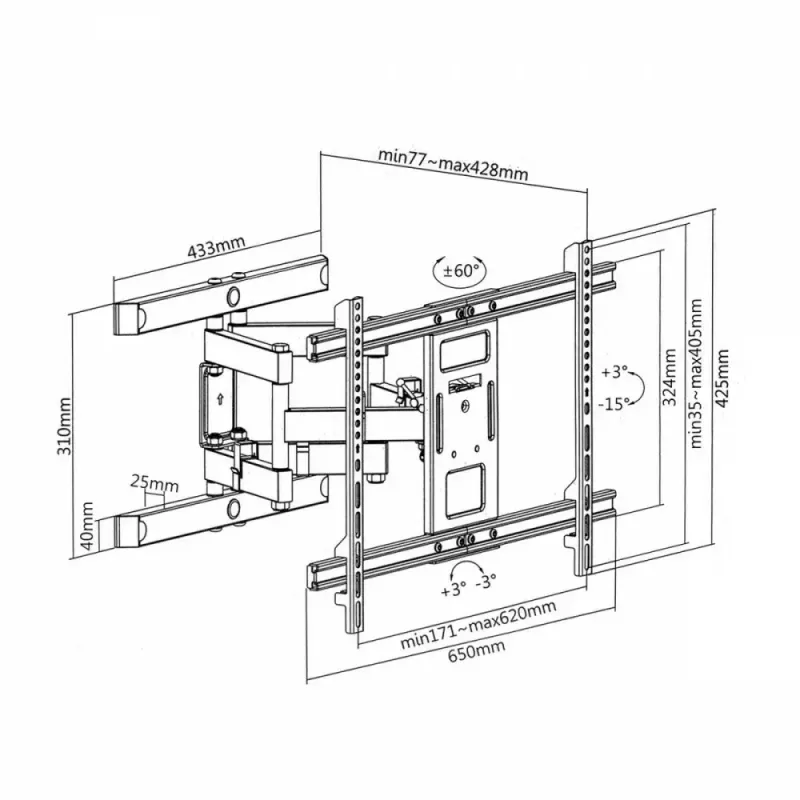 Sieninis TV laikiklis MACLEAN MC-881 37–85 colių televizoriams, VESA iki 600x400, apkrova 60 kg, juodas