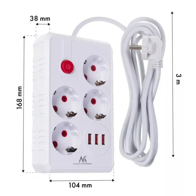 Kištukinis lizdas MACLEAN MCE393 W — 4 lizdai + 3×USB, 110–240V, 2,1A USB, 2500W, 3 m, baltas