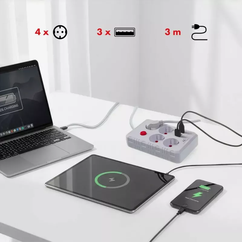Kištukinis lizdas MACLEAN MCE393 W — 4 lizdai + 3×USB, 110–240V, 2,1A USB, 2500W, 3 m, baltas
