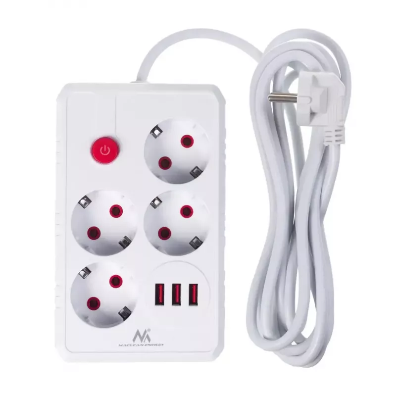 Kištukinis lizdas MACLEAN MCE393 W — 4 lizdai + 3×USB, 110–240V, 2,1A USB, 2500W, 3 m, baltas