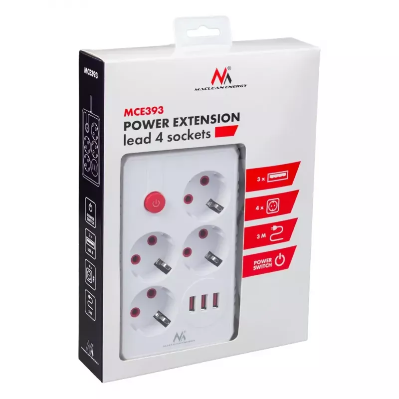 Kištukinis lizdas MACLEAN MCE393 W — 4 lizdai + 3×USB, 110–240V, 2,1A USB, 2500W, 3 m, baltas
