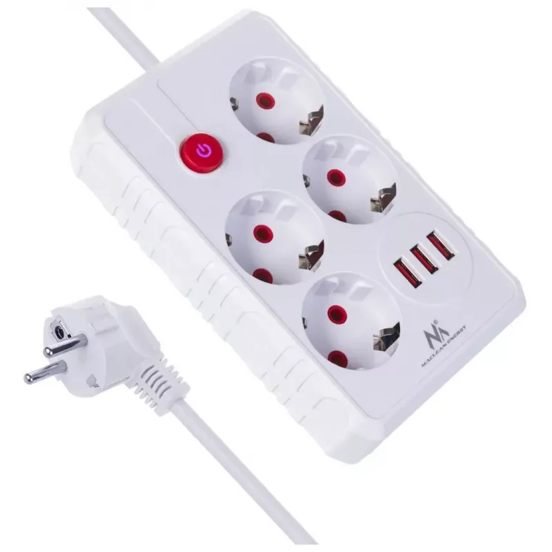 Kištukinis lizdas MACLEAN MCE393 W — 4 lizdai + 3×USB, 110–240V, 2,1A USB, 2500W, 3 m, baltas