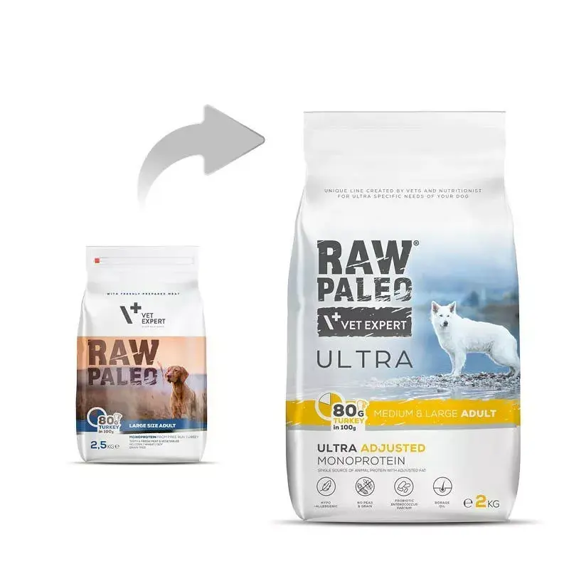 Sausas šunų maistas VETEXPERT RAW PALEO Ultra vidutiniams ir dideliems suaugusiems šunims, kalakutiena, 2 kg, be grūdų, baltymai 24,5%, riebalai 14%