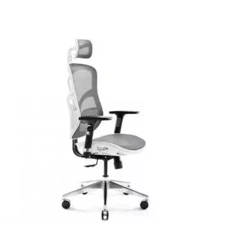 Ergonomiškas biuro krėslas Diablo Chairs V-Basic balta-pilka — reguliuojamas aukštis ir atlošas, porankiai, juosmens atrama