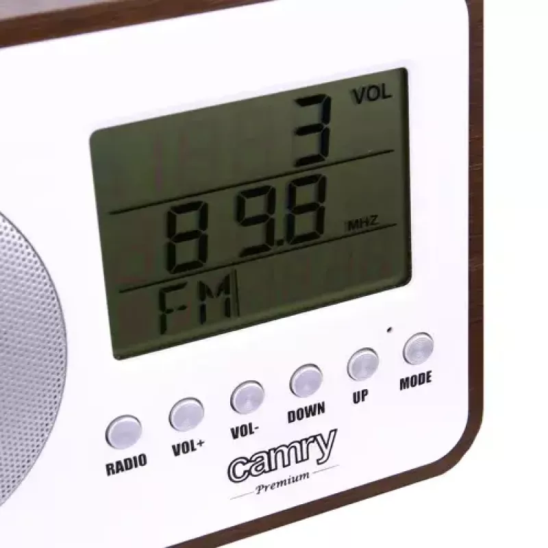 Nešiojamasis radijas Camry CR 1153 — FM nešiojamasis radijas su LCD ekranu, vienu garsiakalbiu, automatiniu skaitmeniniu derinimu, nuolatinės srovės maitinimu