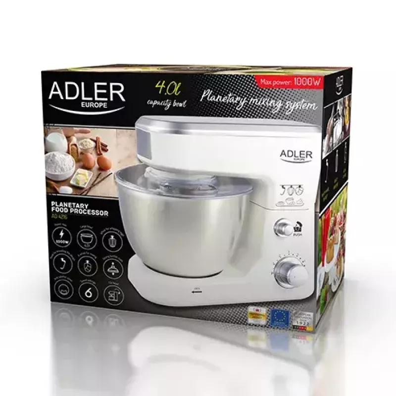 Maisto smulkintuvas Adler AD 4216, 500 W, 4 L nerūdijančio plieno dubuo, baltas