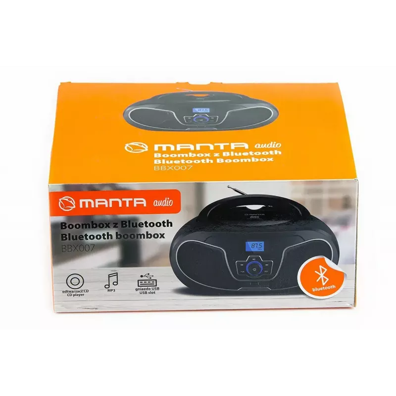 Nešiojamas boombox MANTA BBX007 su Bluetooth 5.0, FM radiju (87.5–108 MHz), LCD, teleskopine antena