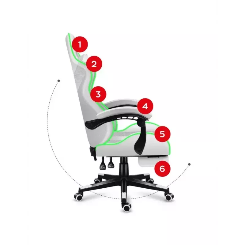 Žaidimų kėdė Huzaro FORCE 4.7 RGB White — paminkštinta medžiaginė sėdynė, maks. apkrova 140 kg, reguliuojamas aukštis 43–53 cm, pasvirimas 90–140°