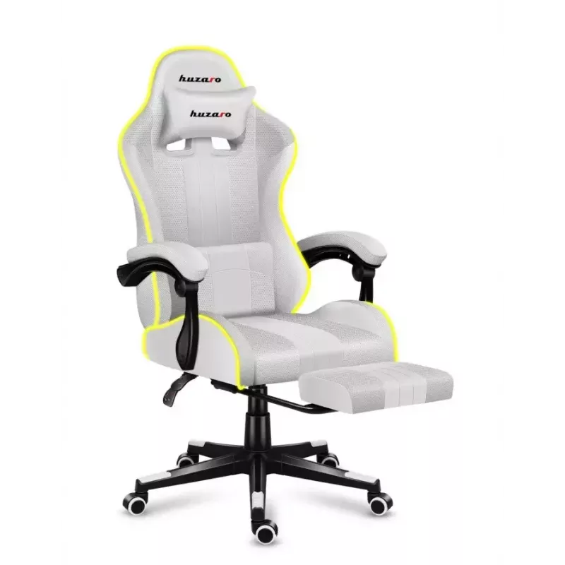 Žaidimų kėdė Huzaro FORCE 4.7 RGB White — paminkštinta medžiaginė sėdynė, maks. apkrova 140 kg, reguliuojamas aukštis 43–53 cm, pasvirimas 90–140°