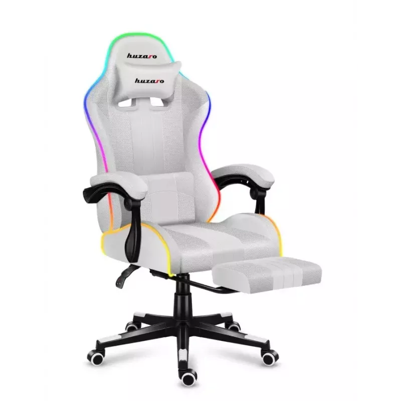 Žaidimų kėdė Huzaro FORCE 4.7 RGB White — paminkštinta medžiaginė sėdynė, maks. apkrova 140 kg, reguliuojamas aukštis 43–53 cm, pasvirimas 90–140°