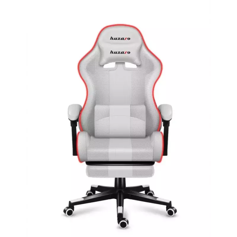 Žaidimų kėdė Huzaro FORCE 4.7 RGB White — paminkštinta medžiaginė sėdynė, maks. apkrova 140 kg, reguliuojamas aukštis 43–53 cm, pasvirimas 90–140°