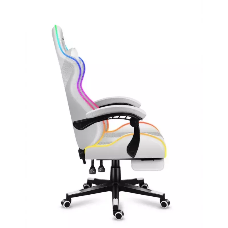 Žaidimų kėdė Huzaro FORCE 4.7 RGB White — paminkštinta medžiaginė sėdynė, maks. apkrova 140 kg, reguliuojamas aukštis 43–53 cm, pasvirimas 90–140°
