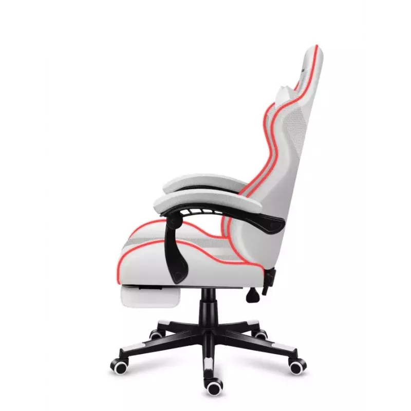 Žaidimų kėdė Huzaro FORCE 4.7 RGB White — paminkštinta medžiaginė sėdynė, maks. apkrova 140 kg, reguliuojamas aukštis 43–53 cm, pasvirimas 90–140°