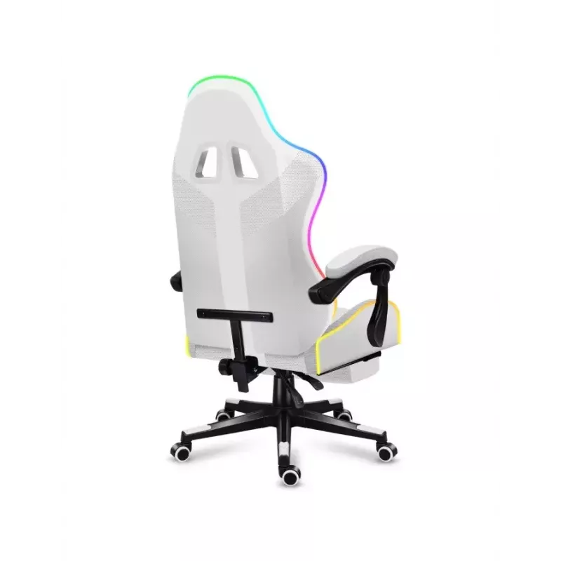 Žaidimų kėdė Huzaro FORCE 4.7 RGB White — paminkštinta medžiaginė sėdynė, maks. apkrova 140 kg, reguliuojamas aukštis 43–53 cm, pasvirimas 90–140°
