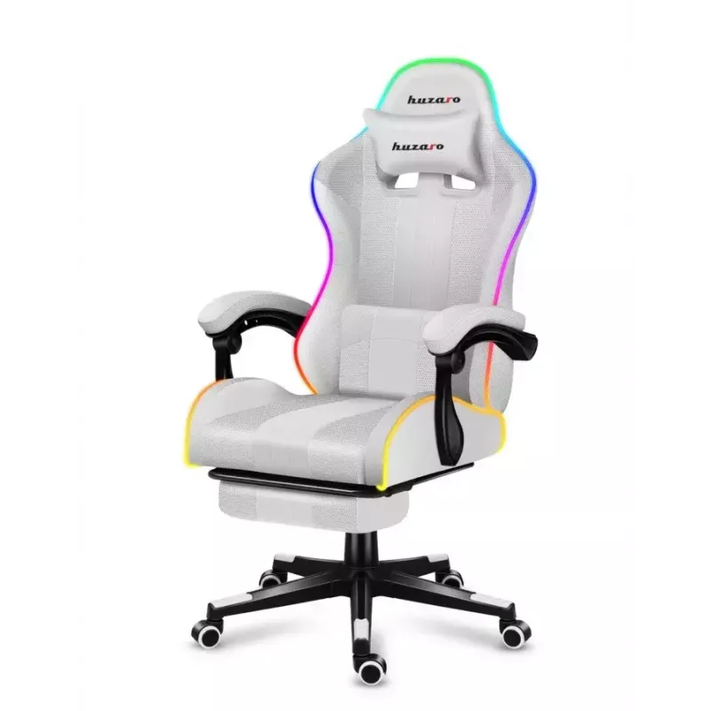 Žaidimų kėdė Huzaro FORCE 4.7 RGB White — paminkštinta medžiaginė sėdynė, maks. apkrova 140 kg, reguliuojamas aukštis 43–53 cm, pasvirimas 90–140°
