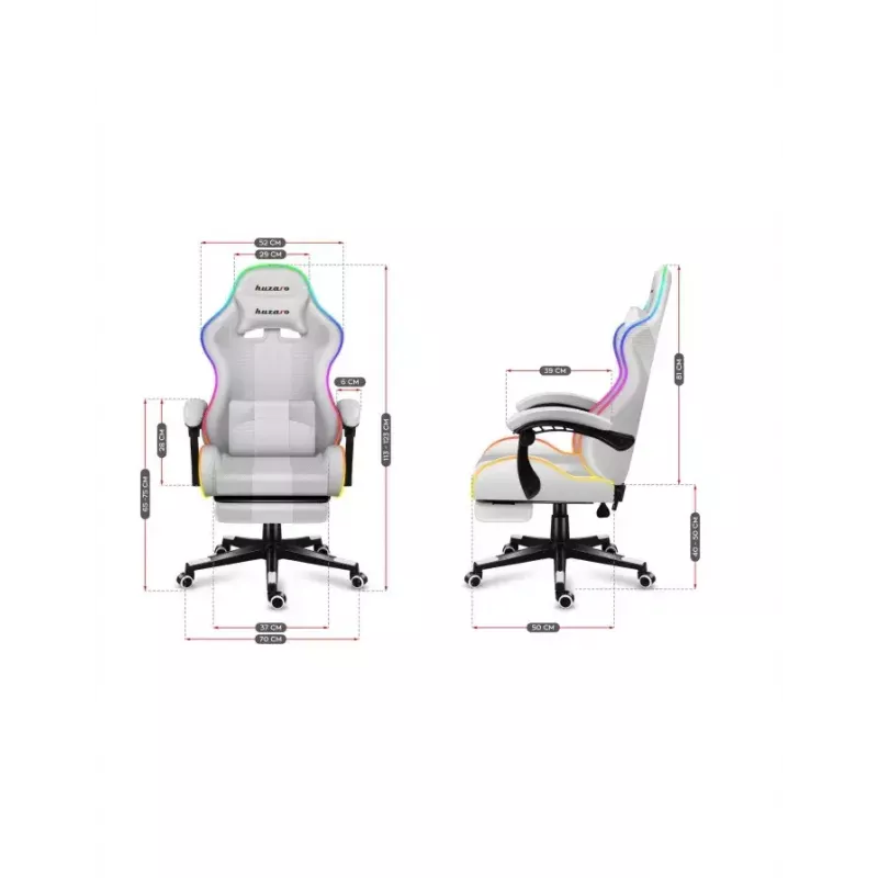 Žaidimų kėdė Huzaro FORCE 4.7 RGB White — paminkštinta medžiaginė sėdynė, maks. apkrova 140 kg, reguliuojamas aukštis 43–53 cm, pasvirimas 90–140°
