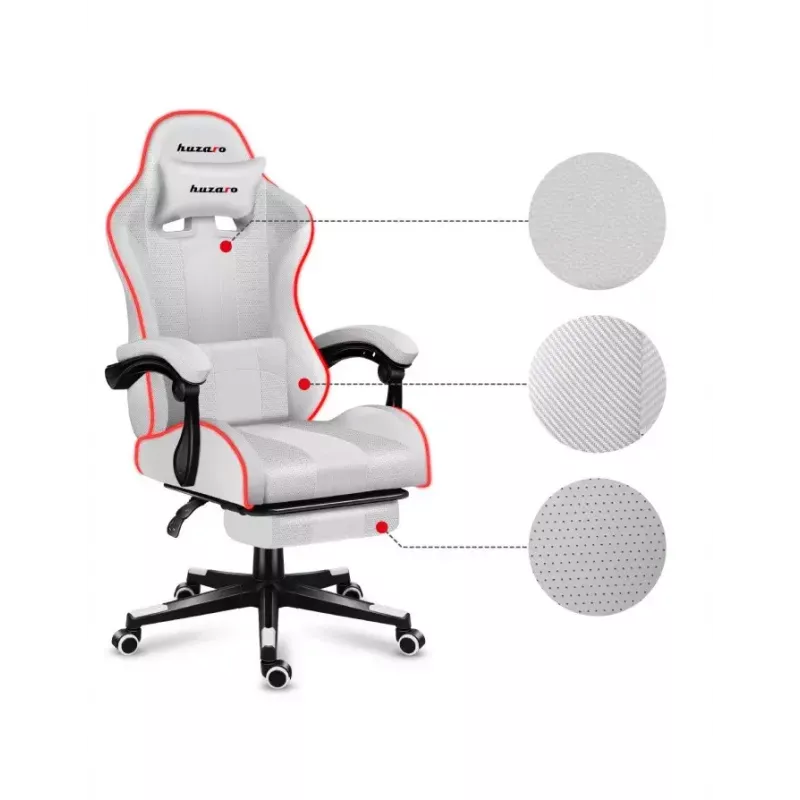 Žaidimų kėdė Huzaro FORCE 4.7 RGB White — paminkštinta medžiaginė sėdynė, maks. apkrova 140 kg, reguliuojamas aukštis 43–53 cm, pasvirimas 90–140°