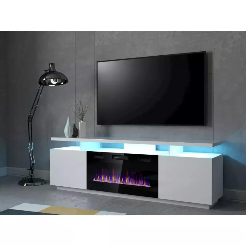 TV spintelė Cama Meble EVA su elektriniu židiniu 180×40×52 cm, baltas rėmas, blizgios baltos durys, MDF viršus