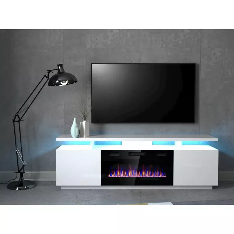TV spintelė Cama Meble EVA su elektriniu židiniu 180×40×52 cm, baltas rėmas, blizgios baltos durys, MDF viršus