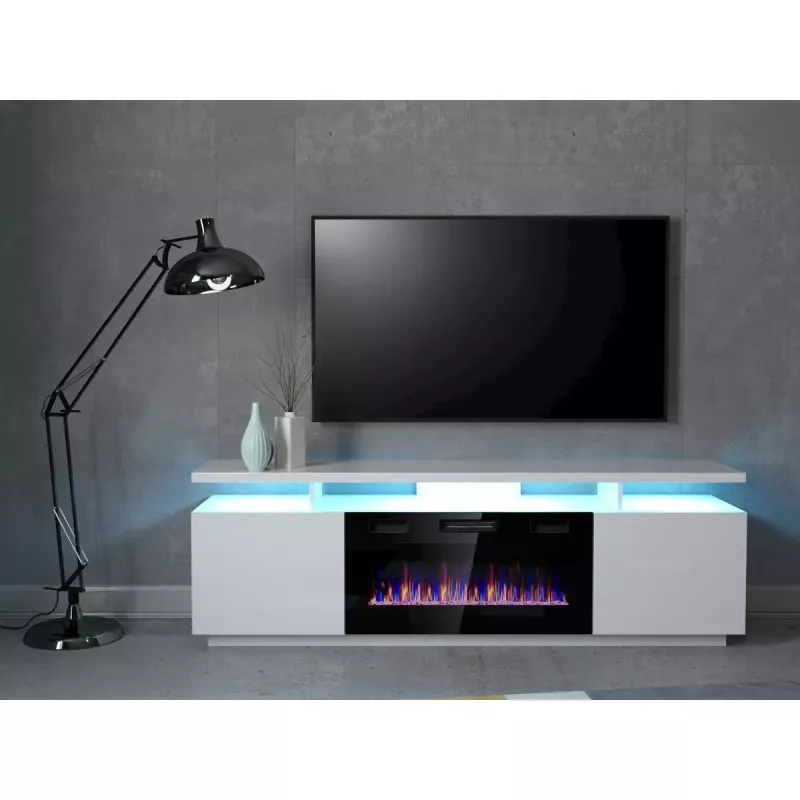 TV spintelė Cama Meble EVA su elektriniu židiniu 180×40×52 cm, baltas rėmas, blizgios baltos durys, MDF viršus