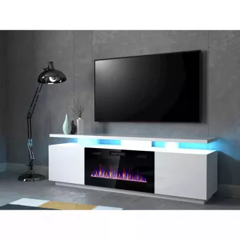 TV spintelė Cama Meble EVA su elektriniu židiniu 180×40×52 cm, baltas rėmas, blizgios baltos durys, MDF viršus