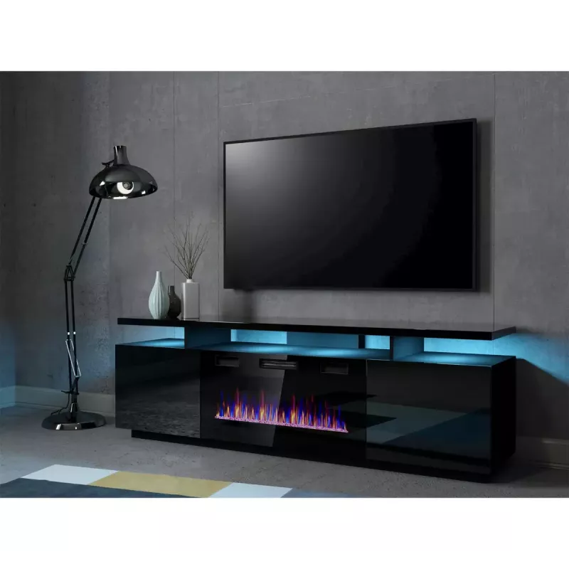 TV spintelė Cama Meble EVA su elektriniu židiniu 180x40x52 cm, juoda / blizgiai juoda