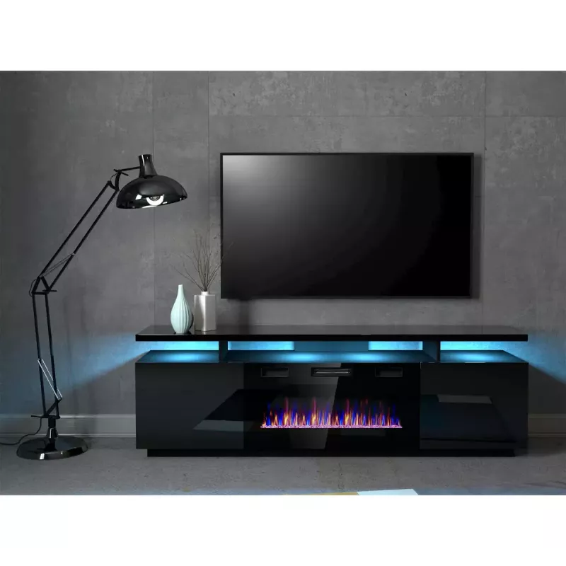 TV spintelė Cama Meble EVA su elektriniu židiniu 180x40x52 cm, juoda / blizgiai juoda