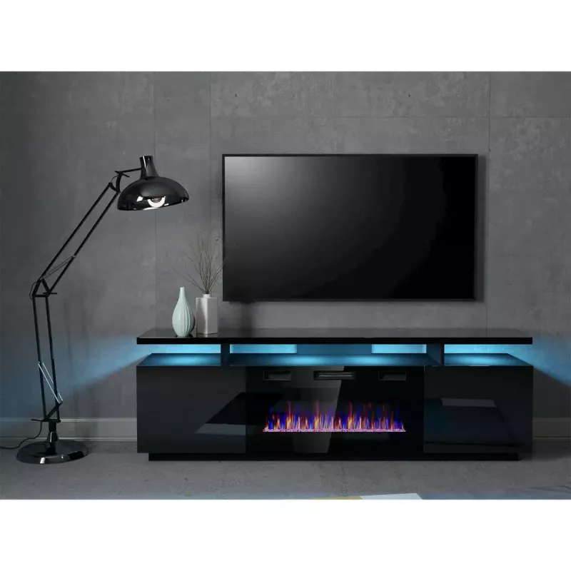 TV spintelė Cama Meble EVA su elektriniu židiniu 180x40x52 cm, juoda / blizgiai juoda