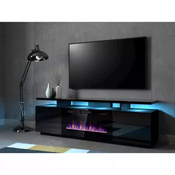 TV spintelė Cama Meble EVA su elektriniu židiniu 180x40x52 cm, juoda / blizgiai juoda