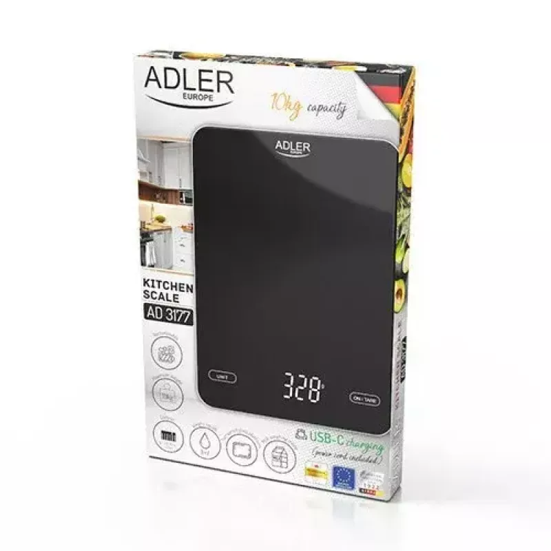 Elektroninė virtuvės svarstyklė Adler AD 3177b — 10 kg talpa, 1 g tikslumas, juoda, stiklinis viršus