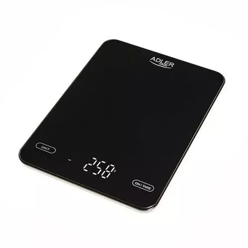 Elektroninė virtuvės svarstyklė Adler AD 3177b — 10 kg talpa, 1 g tikslumas, juoda, stiklinis viršus