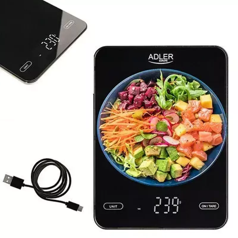 Elektroninė virtuvės svarstyklė Adler AD 3177b — 10 kg talpa, 1 g tikslumas, juoda, stiklinis viršus