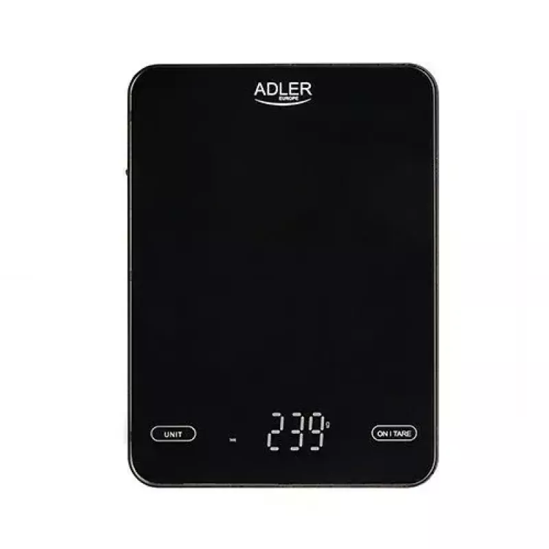 Elektroninė virtuvės svarstyklė Adler AD 3177b — 10 kg talpa, 1 g tikslumas, juoda, stiklinis viršus